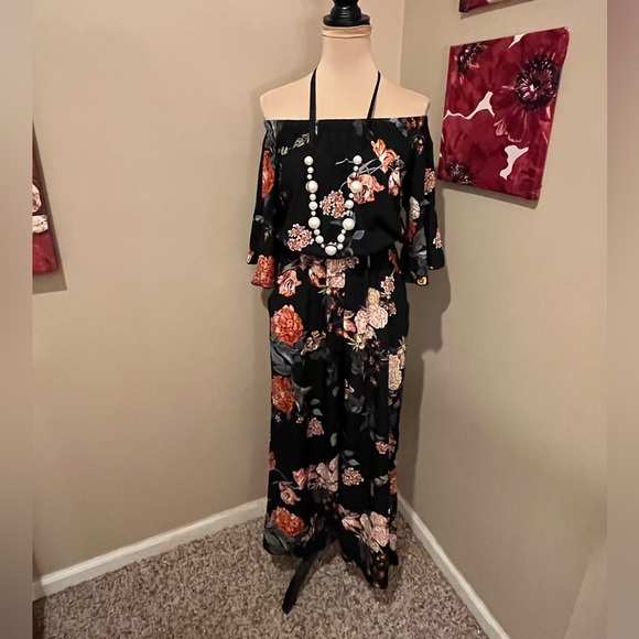 We Love Fashion off shoulder, 3/4 sleeve, wide leg jumpsuit in modern floral, M - Picture 8 of 9